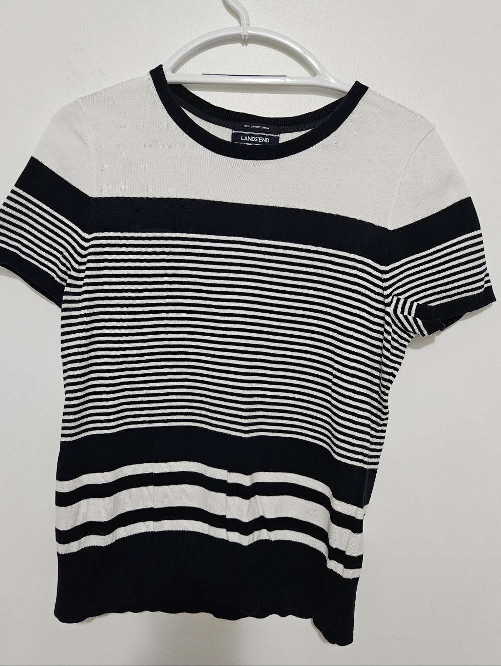 Lands' End Black & White Short-Sleeve Striped Knit Top Supia Cotton Size Medium
